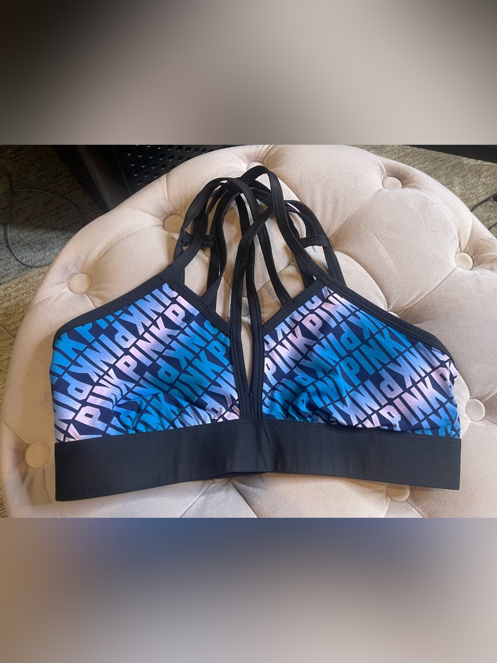 PINK Victoria's Secret Blue-to-Pink Gradient Logo Strappy Sports Bra